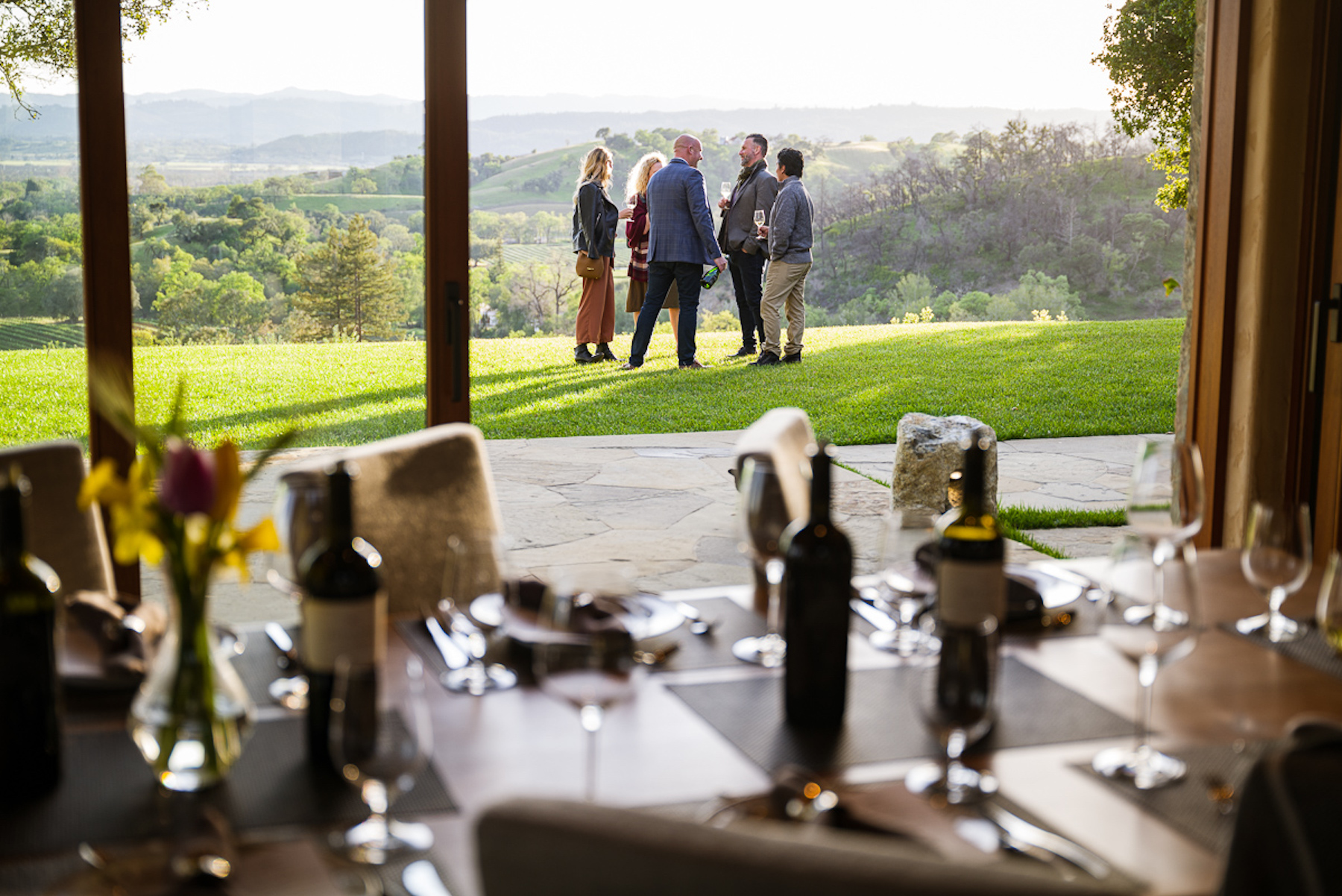 A view over a dinner table to the lawn and vista beyond, with a group of friends chatting.