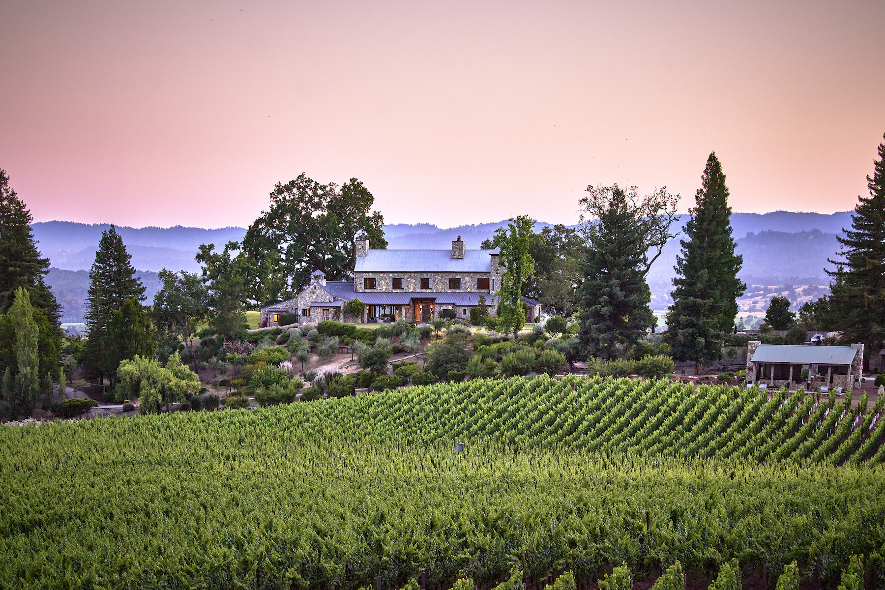 The residence stands behind green grape vines at dusk