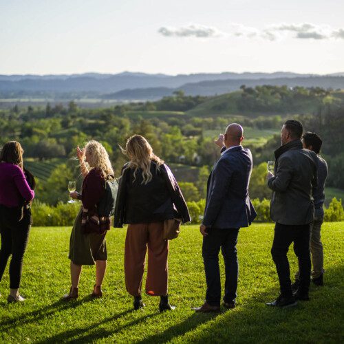A group of friends stands on a lawn and looks at the rolling hills beyond